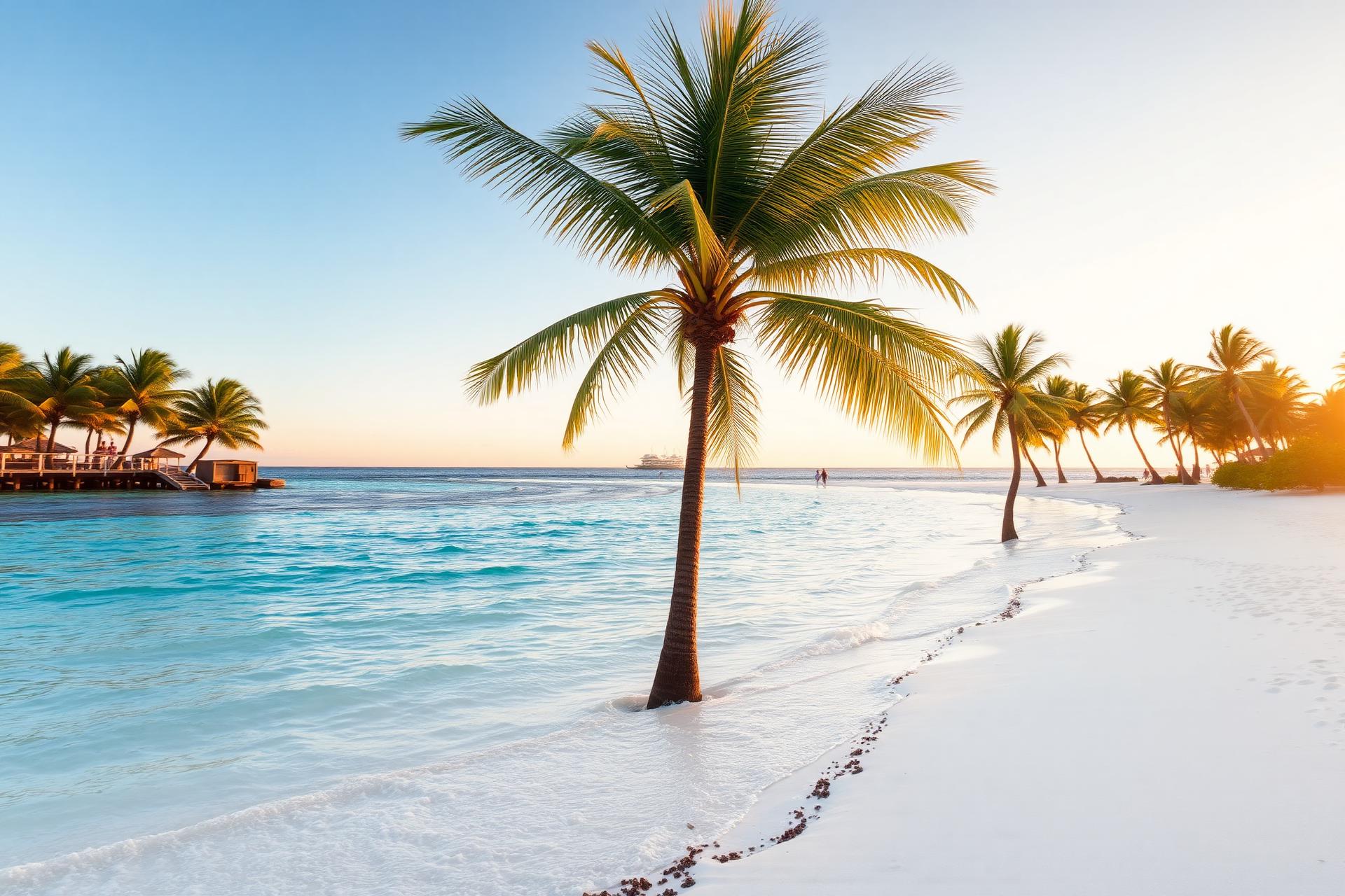 Praia tropical com palmeiras ao entardecer